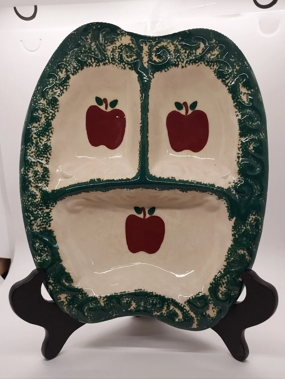 Vintage Green Stoneware Apple Sponeware 3-Part Divided Relish Tray Dish